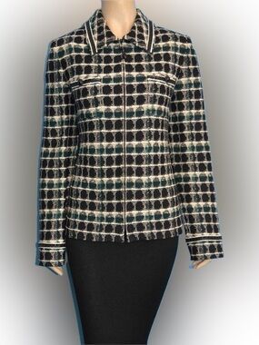 EUC ST JOHN COLLECTION Knit Green Black Leather Trim JACKET. Size 10.